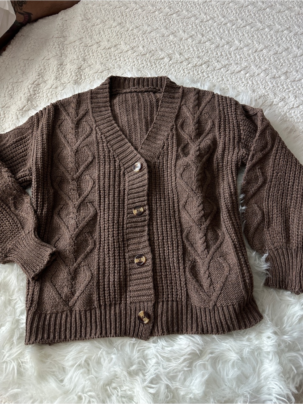 Brown Cable Knit V-Neck Button Sweater